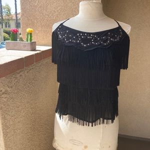 Bebe Tassel Trim Rivet Black Top Size M